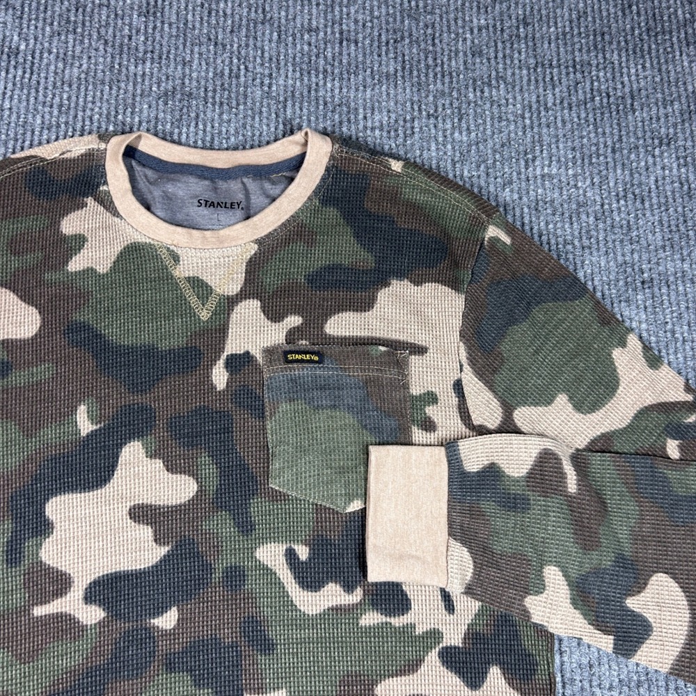 Stanley Shirt Men's L Camo Waffle Knit Thermal Long Sleeve Pocket Green Brown